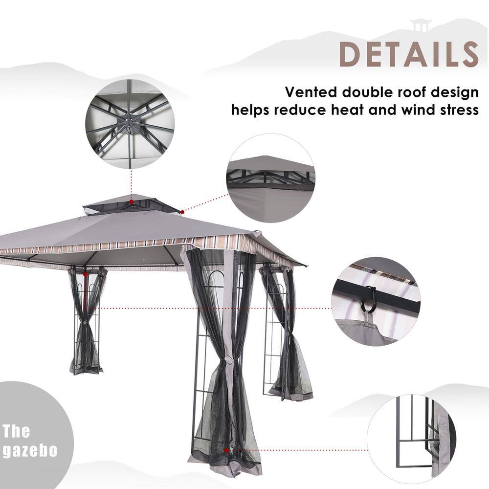 Gray and Black Metal Patio Gazebo with Mosquito Netting