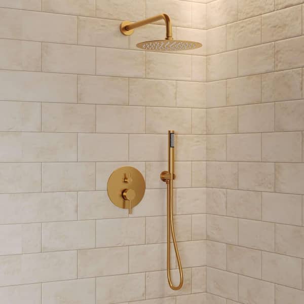 Pressure Balance Wall Mount 10 in. Round Double Handle 2-Spray Shower Faucet 2.5 GPM with Anti Scald in Brushed Gold