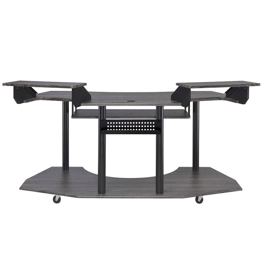 Eleazar Black Oak Studio Desk with Keyboard Tray and Speaker Stands