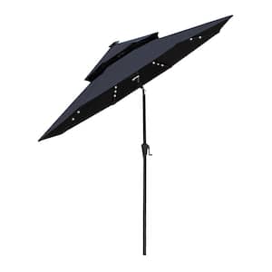9 ft. Double Top Aluminum Market Solar Lighted Tilt Patio Umbrella with LED in Black Solution Dyed Polyester
