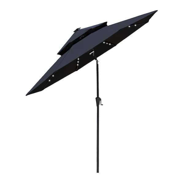 FLAME&SHADE 9 ft. Double Top Aluminum Market Solar Lighted Tilt Patio Umbrella with LED in Black Solution Dyed Polyester