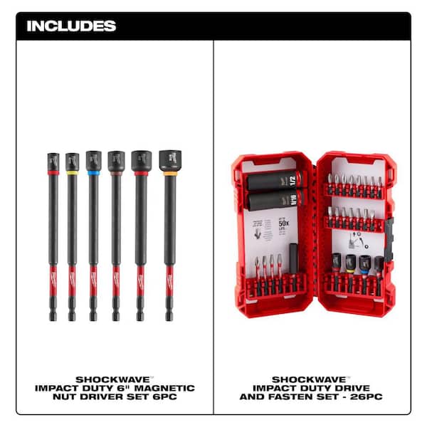 SHOCKWAVE Impact Duty, 6 in. Magnetic Nut Driver Set & SHOCKWAVE Impact Duty Alloy Steel Screw Driver Bit Set (32-Piece)