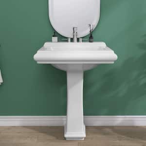 Modern White Vitreous China Rectangular Pedestal Ceramic Vessel Combo Sink with Centerset 3-Faucet Holes and Overflow