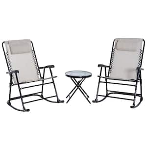 Cream White 3-Piece Metal Outdoor Bistro Set,Patio Rocking Folding Chair Table Set with Pillows for Yard, Deck, Backyard