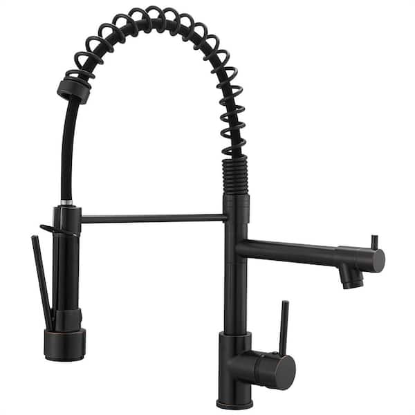 FLG Double Handle Commercial Pull Down Sprayer Kitchen Faucet Single-Hole Brass Sink Taps in Oil Rubbed Bronze
