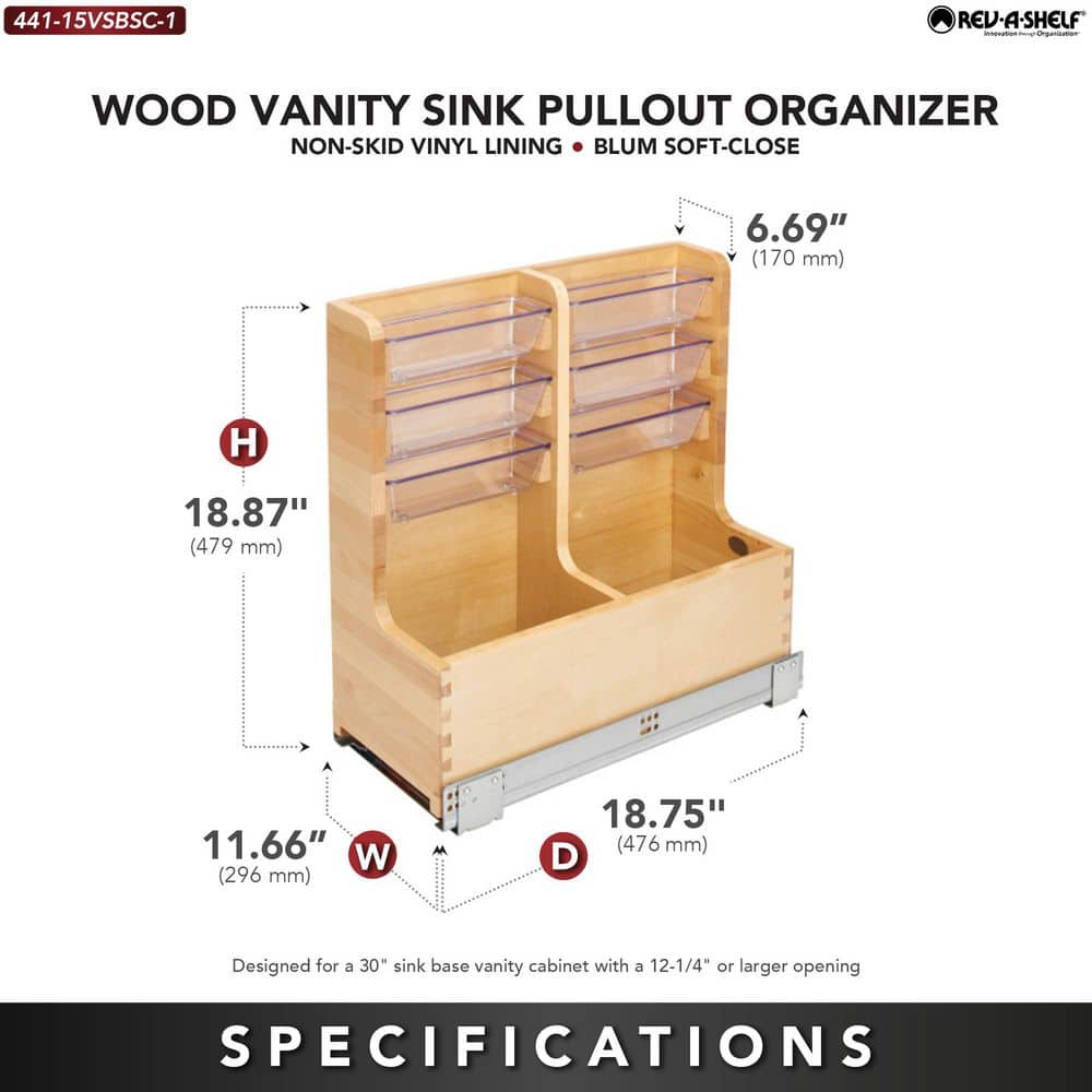 Maple Wood Under-Sink Cabinet Organizer with Chrome Rails and Soft-Close