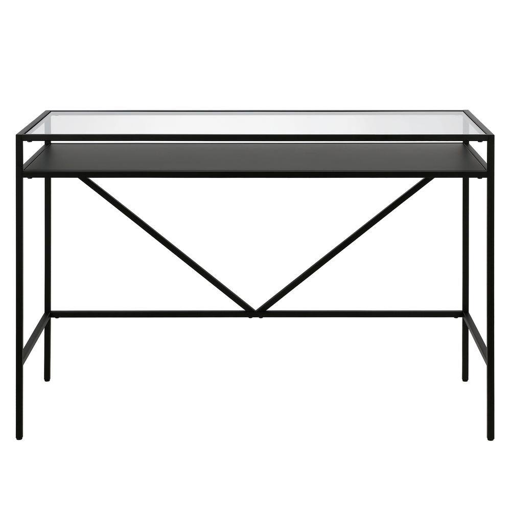 Sleek Blackened Bronze Desk with Tempered Glass Top and Metal Shelf