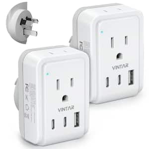3.4 Amp. Grounded Plug Travel Adapter with 2 American Outlets 3 USB Ports 2 USB C 5 in 1 Type I Travel Adapter (2-Packs)
