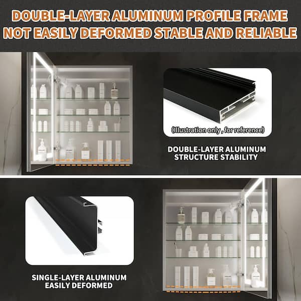 GroGro Glare 24 in. W x 30 in. H Rectangular Aluminum Recessed/Surface Mount Left Open Medicine Cabinet with Mirror LED
