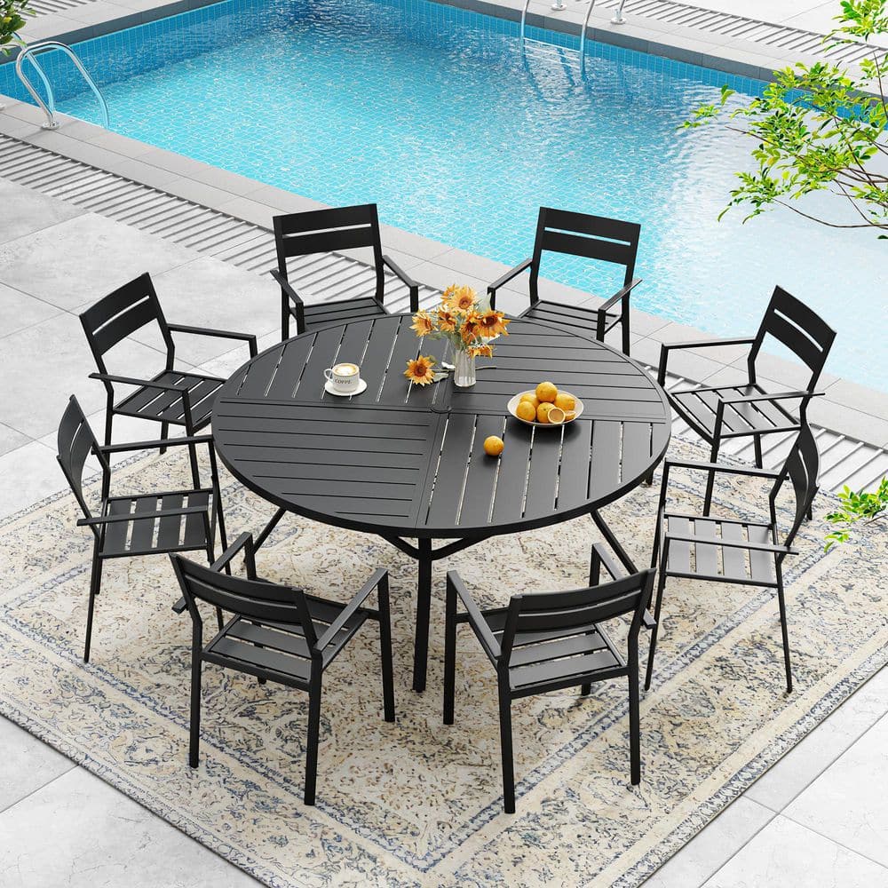 9-Piece Metal Outdoor Patio Dining Set with 53.1 in. Black Round Slatted Table and 8 Black Stackable Dining Chairs price history on PriceWatchPro