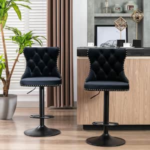 45.60 in. Black Button Tufted Wingback Metal Adjustable Velvet Upholstered Bar Stool Side Chair w/ Footrest (Set of 2)