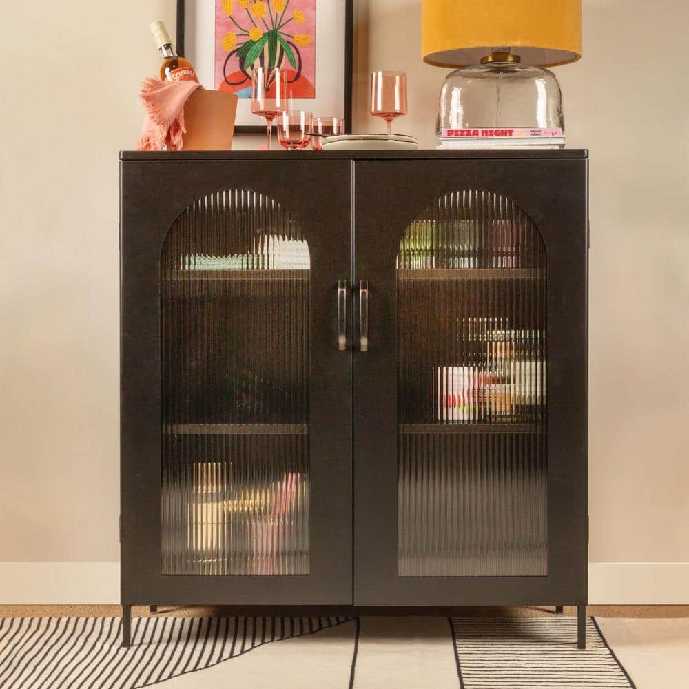 Solstice 40" Black Metal Accent Cabinet with Striated Glass Doors