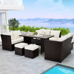 Black 7-Piece Wicker Outdoor Sectional Set with Beige Cushions and Table