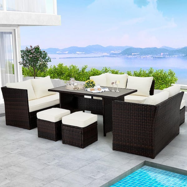Unbranded Black 7-Piece Wicker Outdoor Sectional Set with Beige Cushions and Table