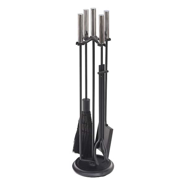 ACHLA DESIGNS 30.25 in. Tall 5-Piece Black and Polished Chrome Contemporary Bedford Fireplace Tool Set