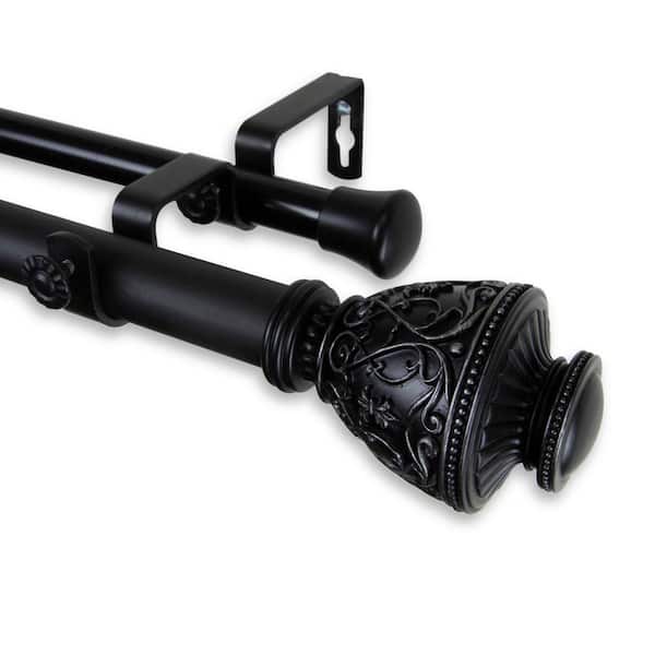 Rod Desyne 120 in. - 170 in. Telescoping 1 in. Double Curtain Rod Kit in Black with Veda Finial