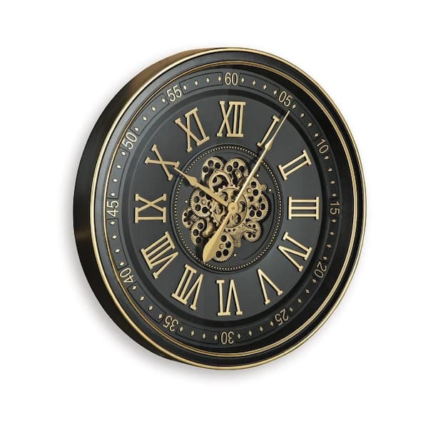 Black and Gold Analog Metal Wall Clock with Gears and Roman Numerals