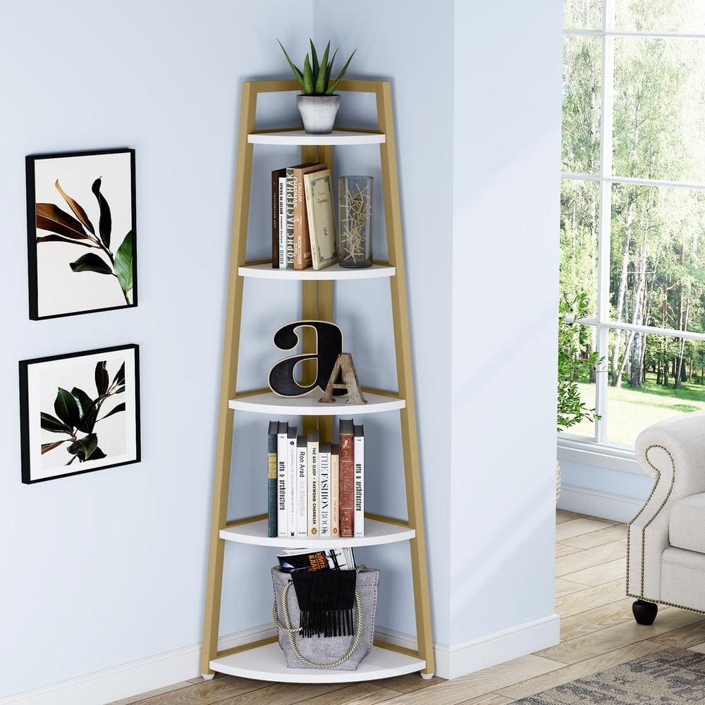Gold and White 70" 5-Tier Corner Ladder Shelf