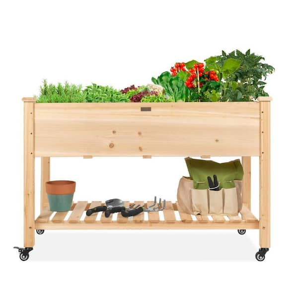 Unbranded 48"D x 23.25"W Garden Bed Mobile Elevated Wood Planter w/Lockable Wheels