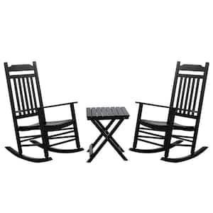 Black Wood Outdoor Rocking Chair, Furniture Rocker with Small Side Table, (Set of 3)