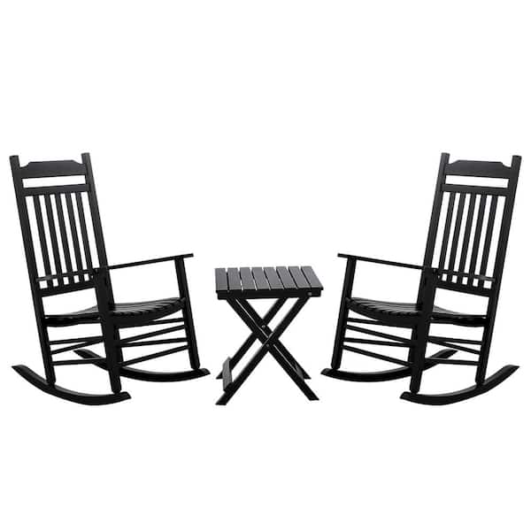 BplusZ Black Wood Outdoor Rocking Chair, Furniture Rocker with Small Side Table, (Set of 3)