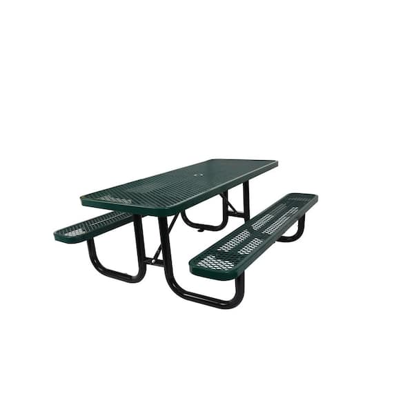 Tenleaf 72.2 in. Green Rectangular Carbon Steel Picnic Table Seats 6 People with Umbrella Hole