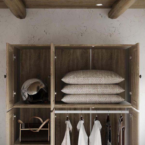 FUFU&GAGA Brown Wood Grain 47.2 in. W Rattan Doors Wardrobe with 3