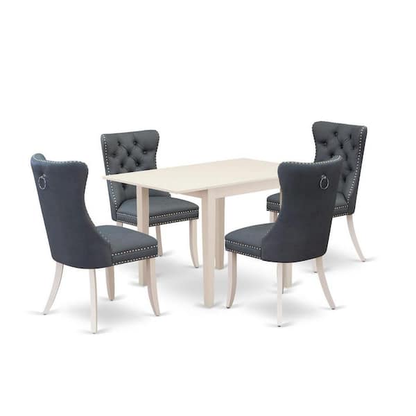 East West Furniture 5-Piece Linen White Finish Solid Wood Top-Rectangular Upholstered Dining Room Set with Dropleaf-Seats 4