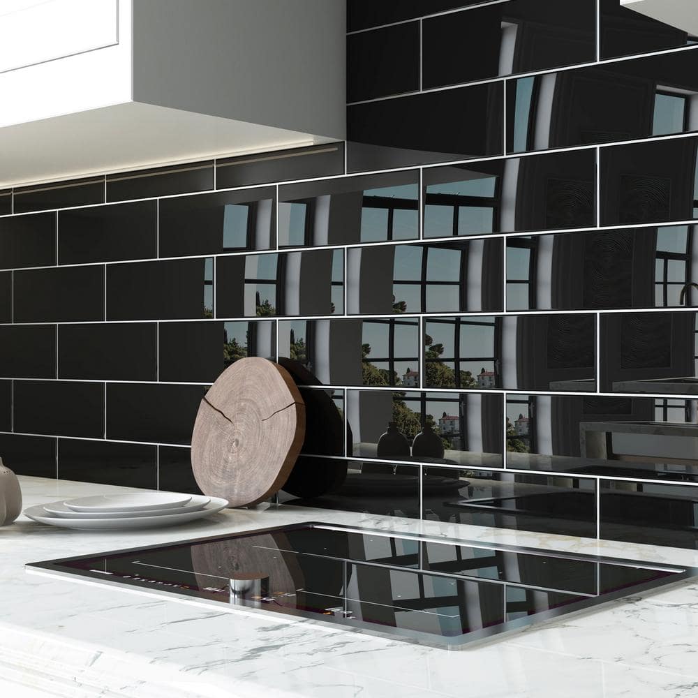 Black Glossy Glass Subway Wall Tile for Kitchen and Bathroom