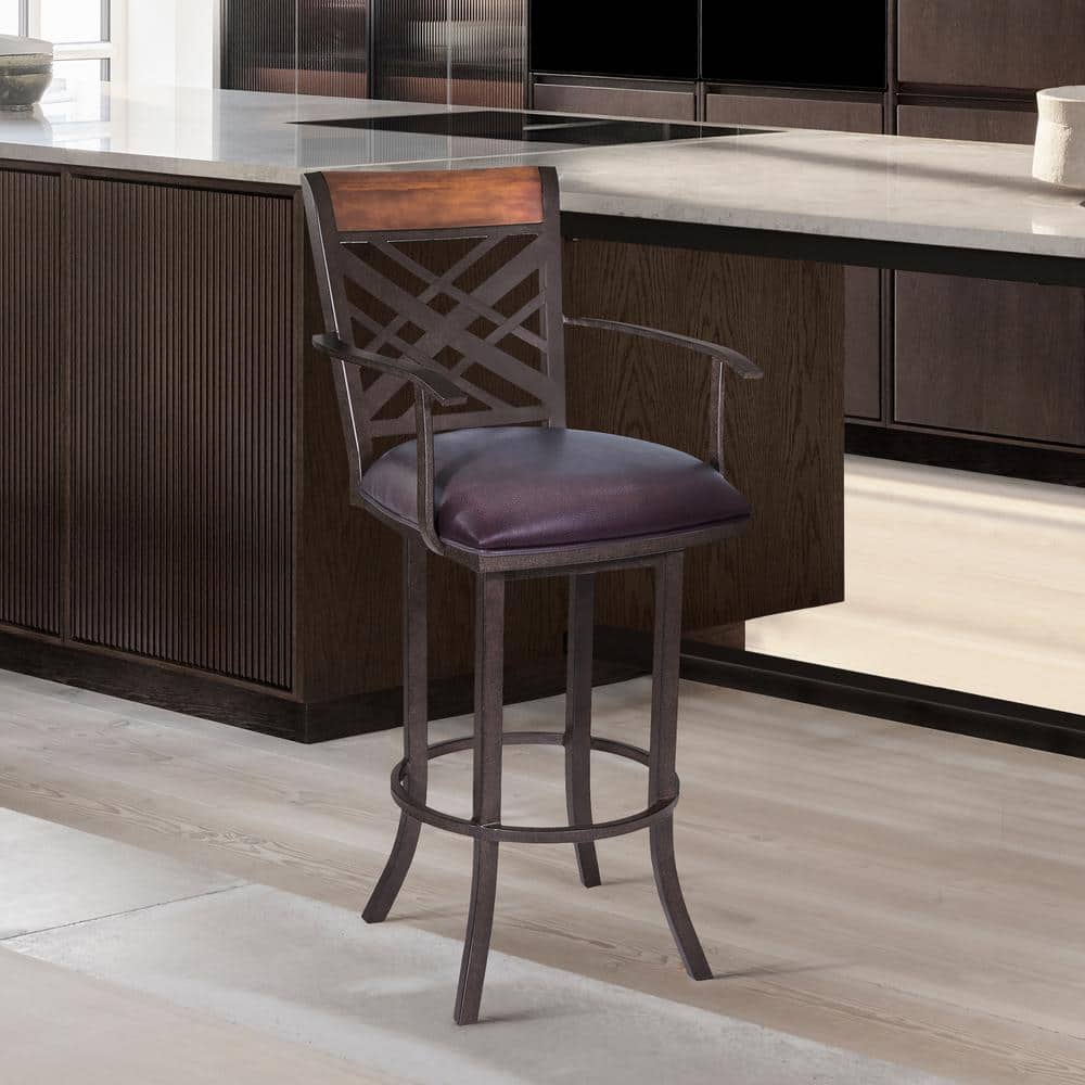 Tahiti 30 in. Arm Bar Stool in Auburn Bay with Brown Pu upholstery
