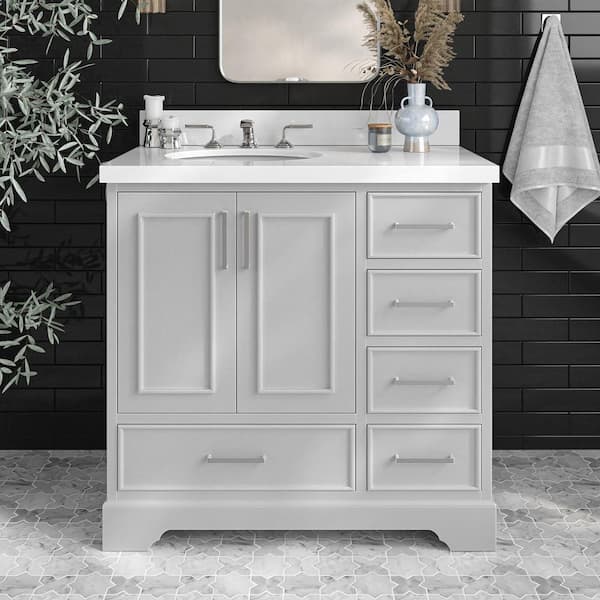 ARIEL Stafford 37 in. W x 22 in. D x 36 in. H Left Single Sink Freestanding Bath Vanity in Grey with Pure White Quartz Top