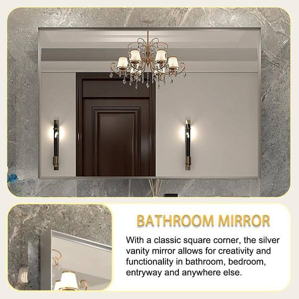 36 in. W x 24 in. H Silver Rectangle Bathroom Mirror with Aluminum Frame-Horizontal or Vertical Wall Mount, HD Glass