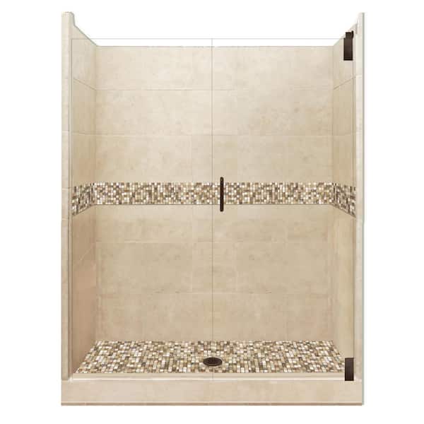 American Bath Factory Roma Grand Hinged 42 in. x 48 in. x 80 in. Center Drain Alcove Shower Kit in Brown Sugar and Old Bronze Hardware