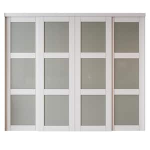 96 in. x 79 in. 3-Lites Frosted Glass White Primed MDF Sliding Door with Hardware Kit