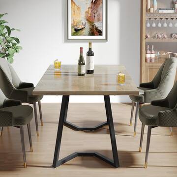 Farmhouse Grey & Black Wood 55 in. Trestle Dining Table, Dinner Table with Metal Legs Seats 6