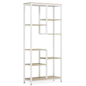 69.2 in. Tall Walnut and White 8-Shelf Etagere Bookcase with Open Storage