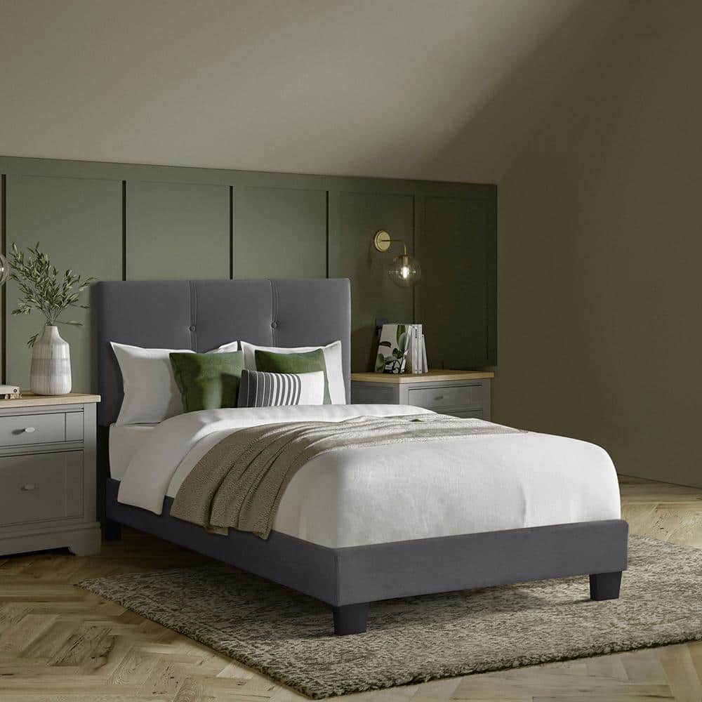 Roweena Gray Wood Frame Twin Velvet Upholstered Platform Bed