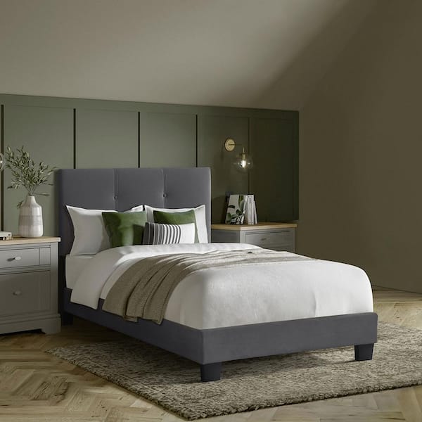 Lazzara Roweena Gray Wood Frame Twin Velvet Upholstered Platform Bed