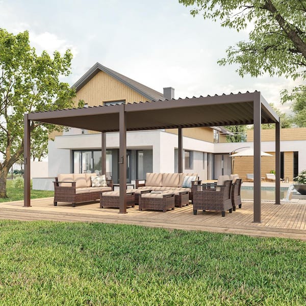 Nordica Series 12 ft. x 20 ft. Full Aluminum Double Louvered Pergola, Adjustable Rainproof Roof, Dark Brown