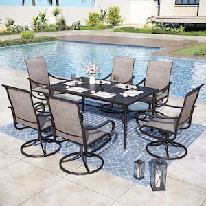 Black 7-Piece Metal Rectangle Patio Outdoor Dining Set with Straight-Leg Rectangle Table and Textilene Swivel Chairs