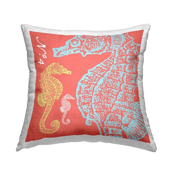 Orange Aquatic Seahorses Orange Square Outdoor Throw Pillow