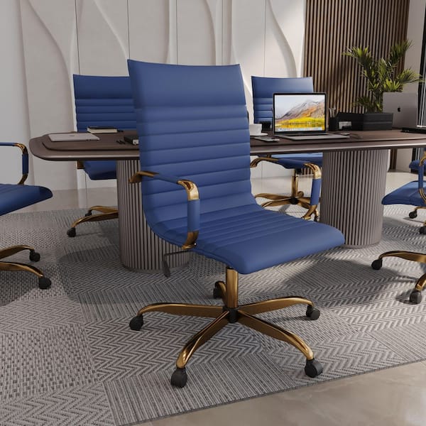 Leisuremod Harris High-Back Leather Office Chair Gold Frame Adjustable Height, Swivel, Tilt Conference Chair in Navy Blue