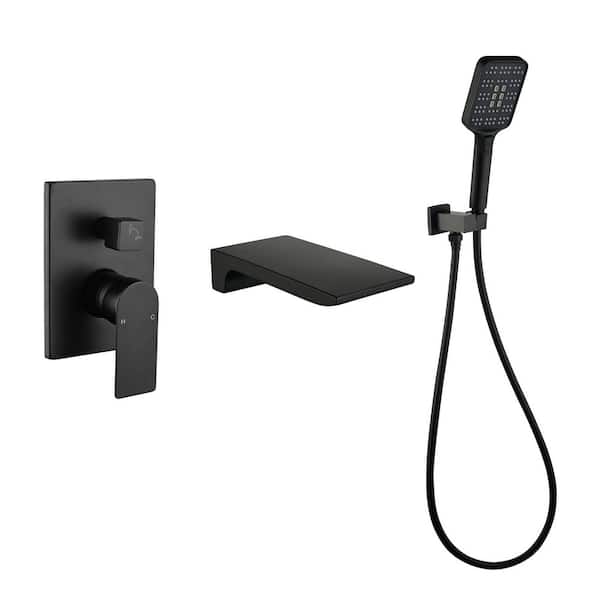 Single-Handle Wall-Mount Roman Tub Faucet with Hand Shower Modern Brass 3 Hole Waterfall Bathtub Fillers in Matte Black