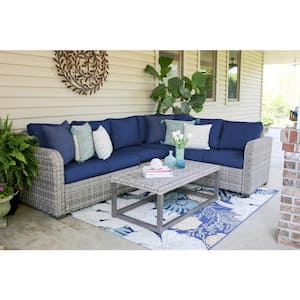 Forsyth 5-Piece Wicker Outdoor Sectional Seating Set with Navy Polyester Cushions