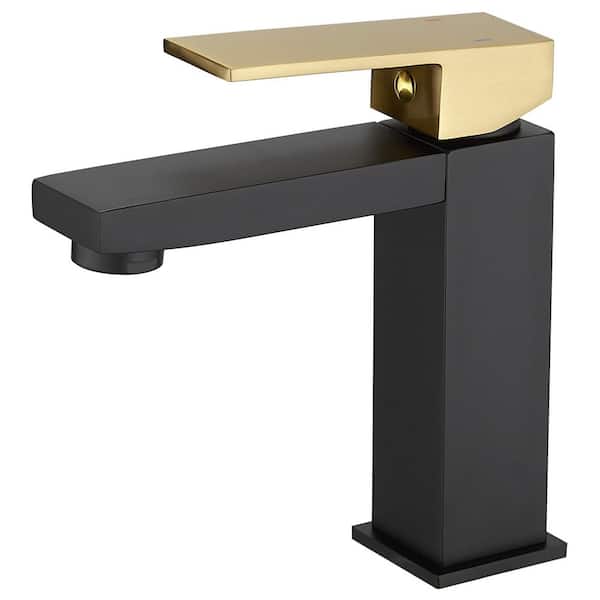 Single Handle Single Hole Low-Arc Bathroom Faucet Bathroom Drip-Free Vanity Sink Faucet Modern in Matte Black & Gold
