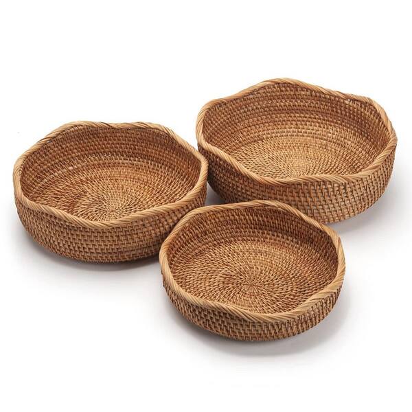 Wave Rattan Round Woven Bread Baskets and Fruit Bowls, Stackable Set of 3 for Counter Storage and Serving