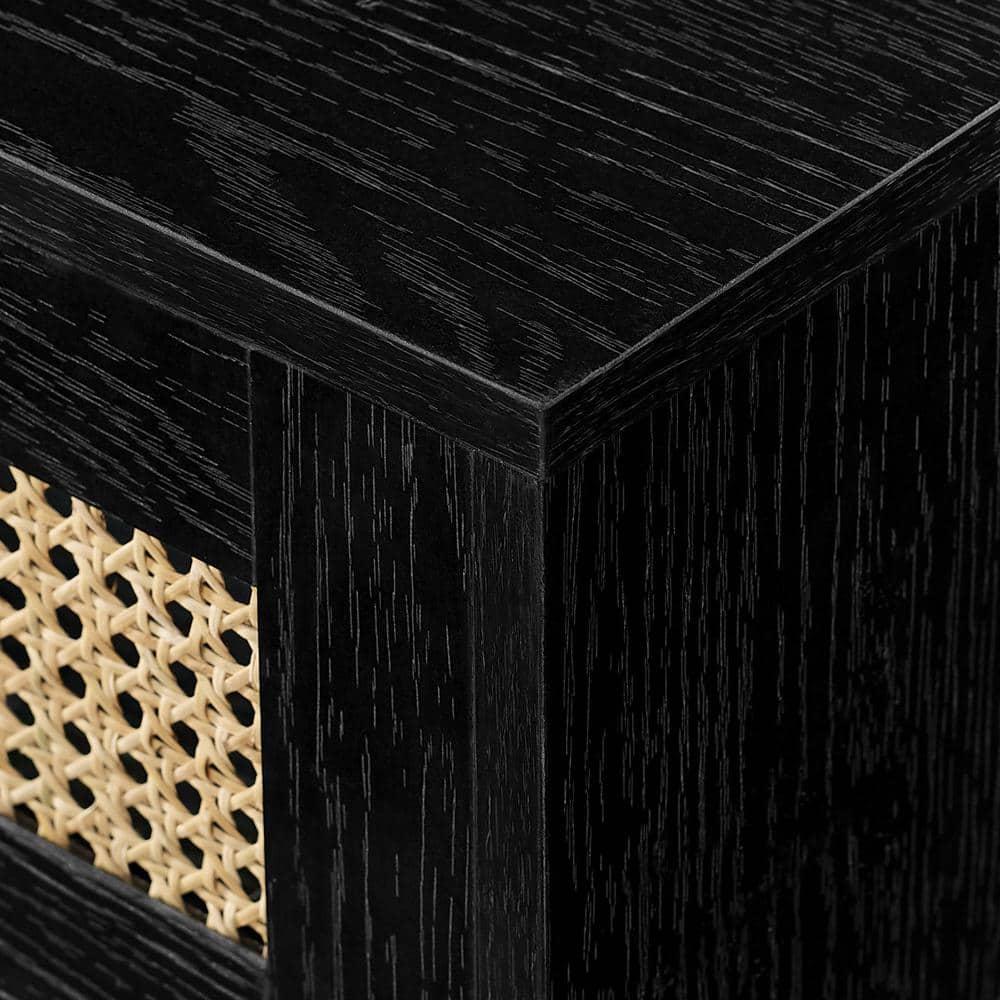 70" Black Wood Floating TV Stand with Rattan Doors