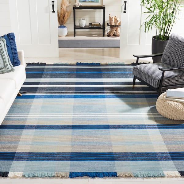 Striped Kilim Navy Charcoal 8 ft. x 10 ft. Plaid Striped Area Rug