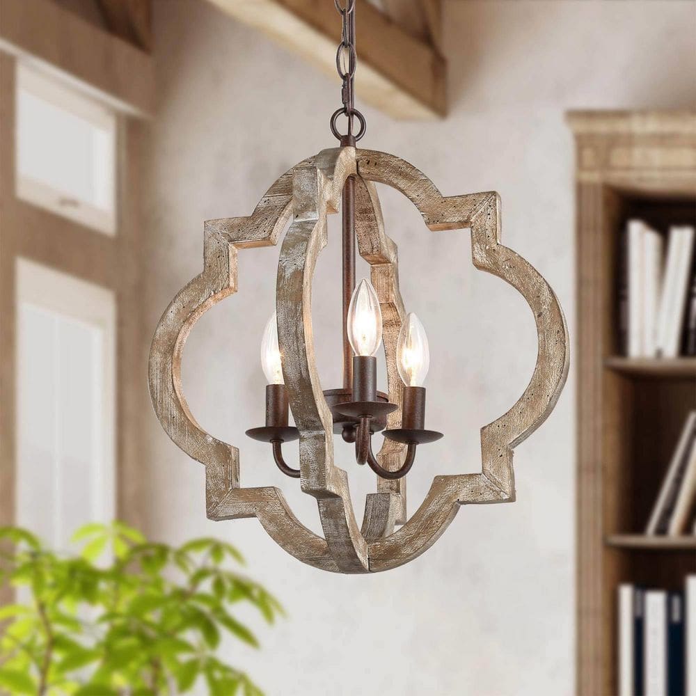 Distressed Bronze & Wood 16" Geometric Cage Chandelier with Chain