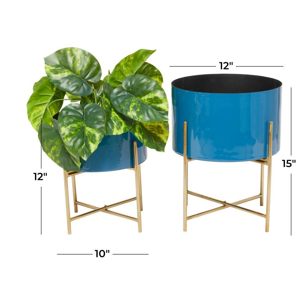 Modern Blue and Gold Metal Round Planters with Stand, Set of 2